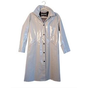 Jane Post Rain city Slicker wet-look high-gloss snap front hood size XS FLAW ink